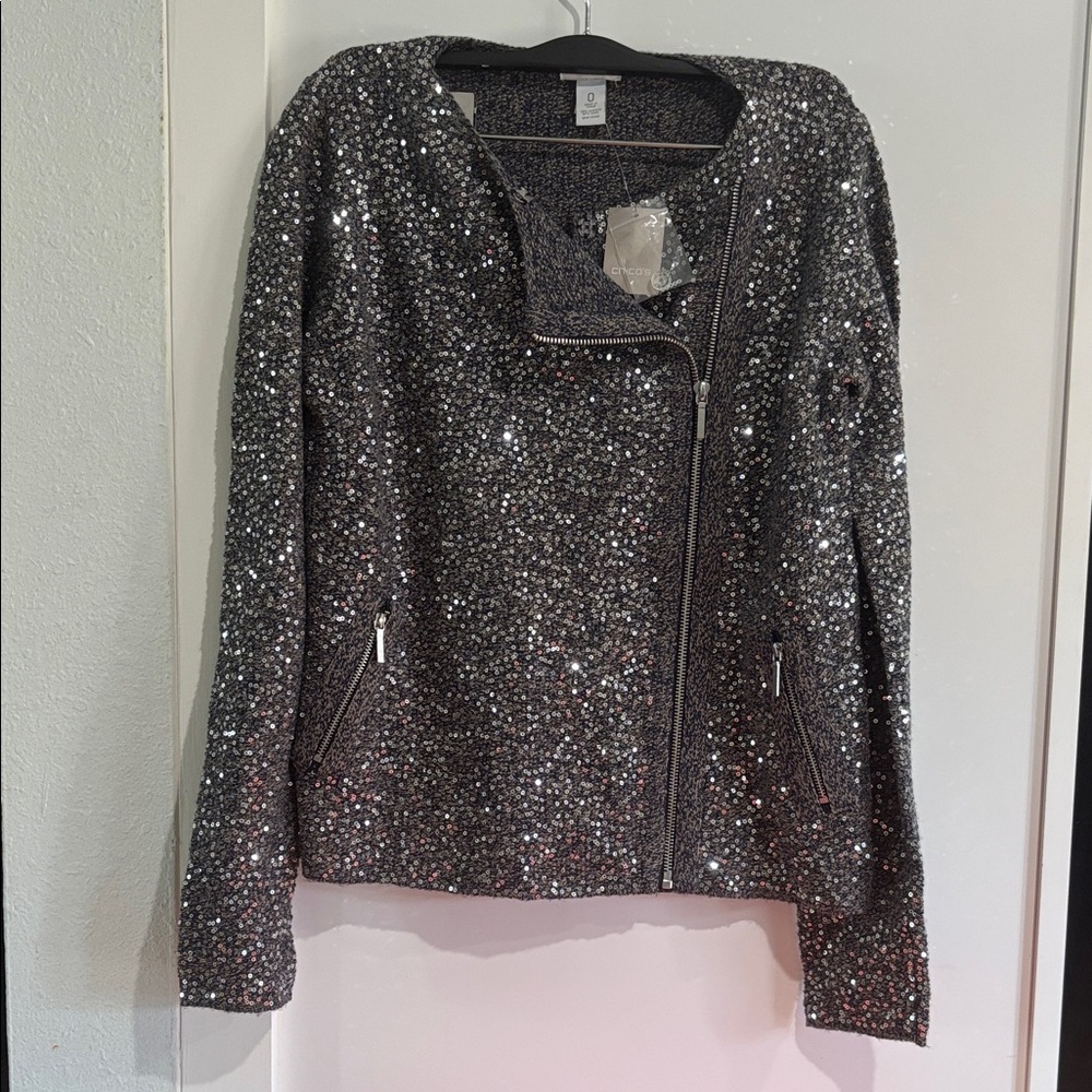Chico's Sparkling Silver Sequin Jacket size 0 NWT